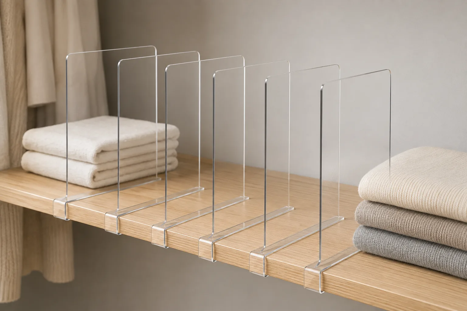 Six clear acrylic shelf dividers shown from a three-quarter angle