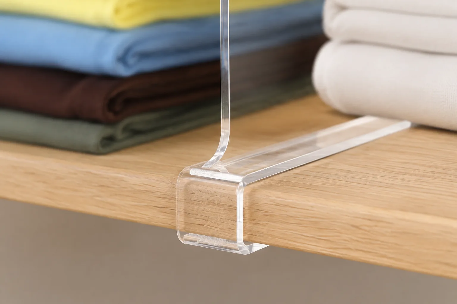 Close-up of the bent acrylic clip seated around a shelf edge