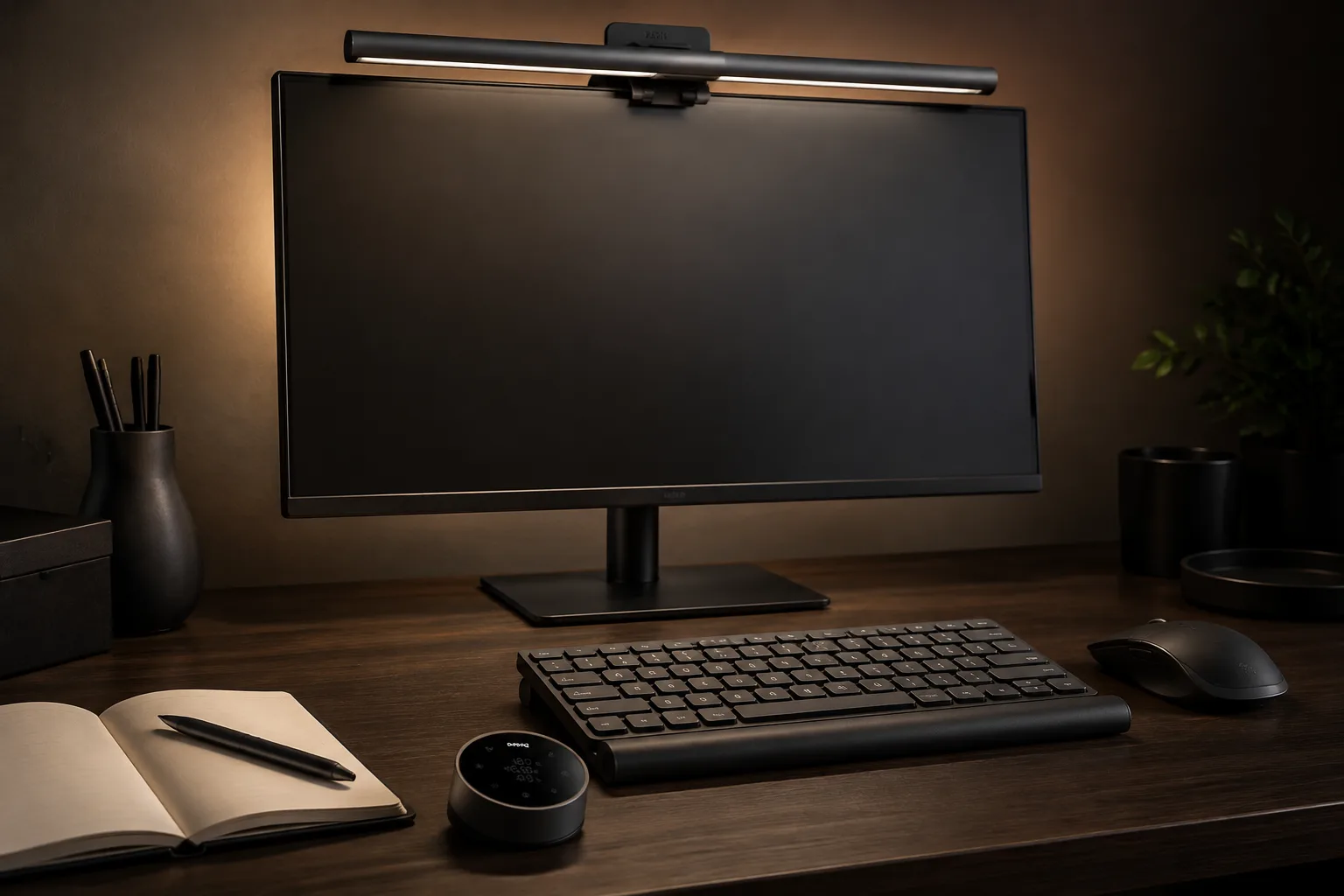 Monitor light bar and round controller at an evening desk