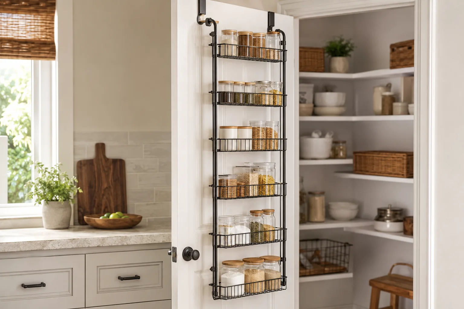 Full six-basket organizer mounted on a pantry door
