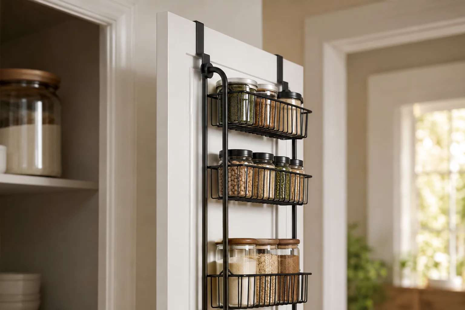 Slim side profile of the door-mounted wire baskets