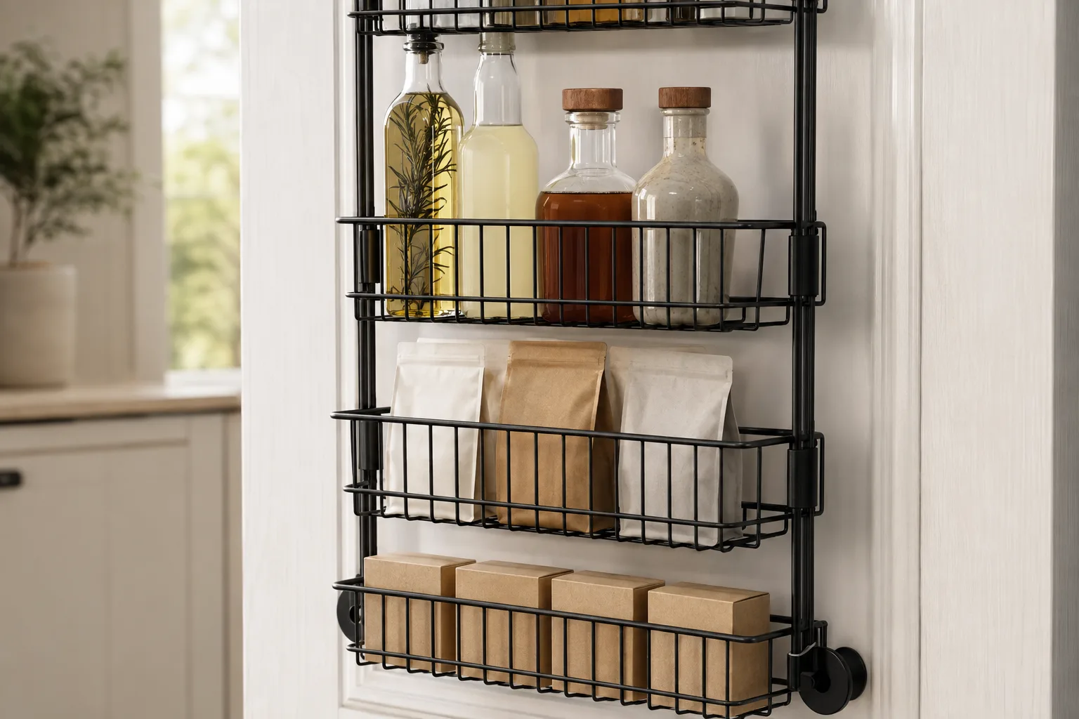Lower baskets holding plain bottles, pouches, and boxes