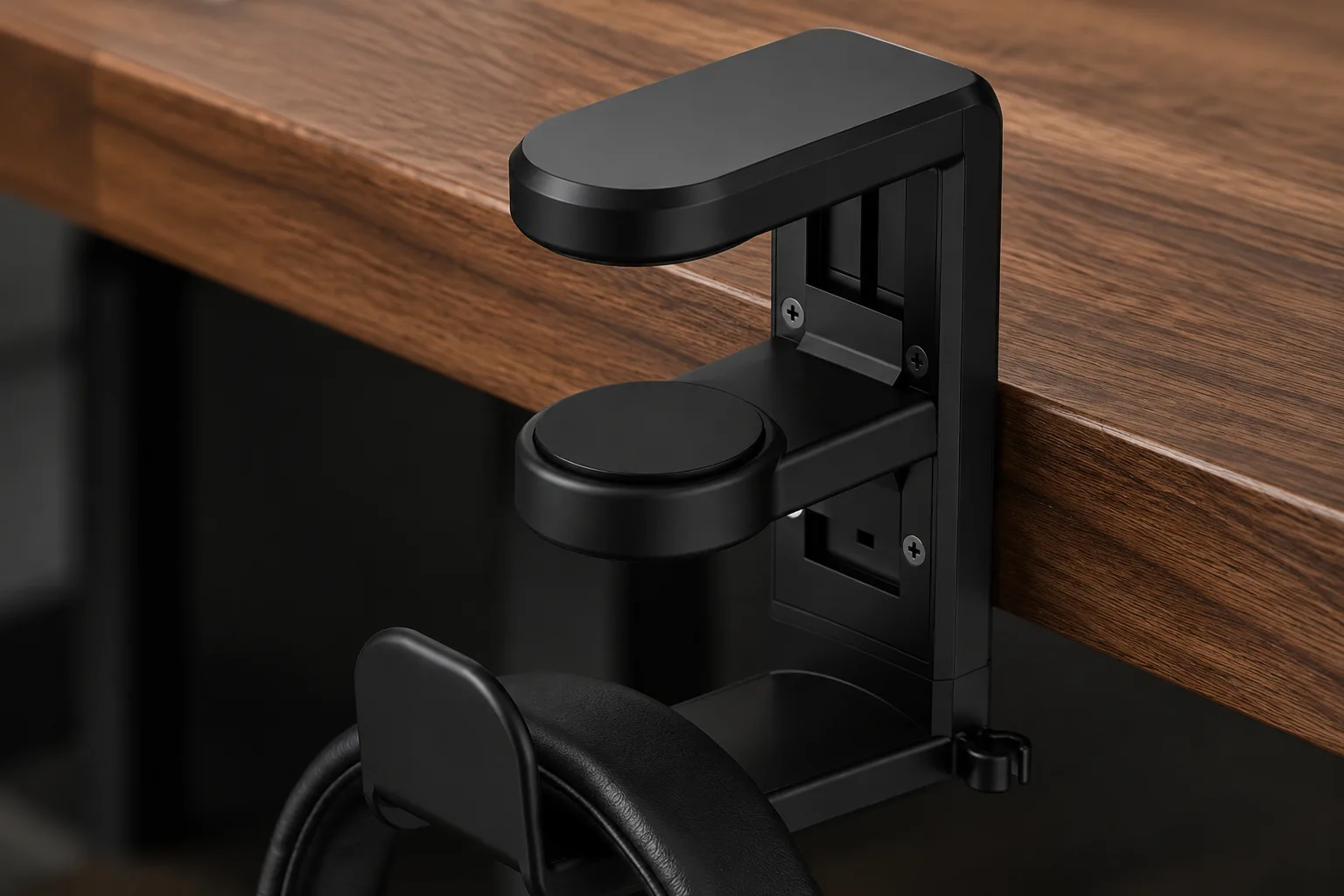 Close-up of the padded spring jaws gripping a walnut desk