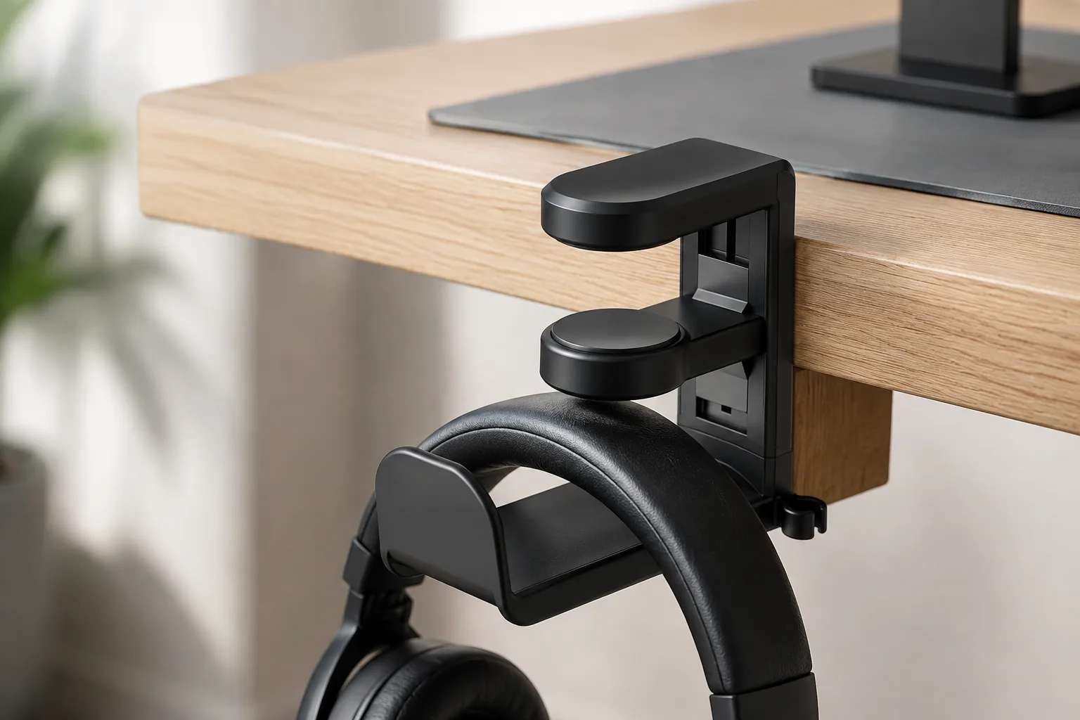 Detail of the broad headphone cradle and integrated cable clip
