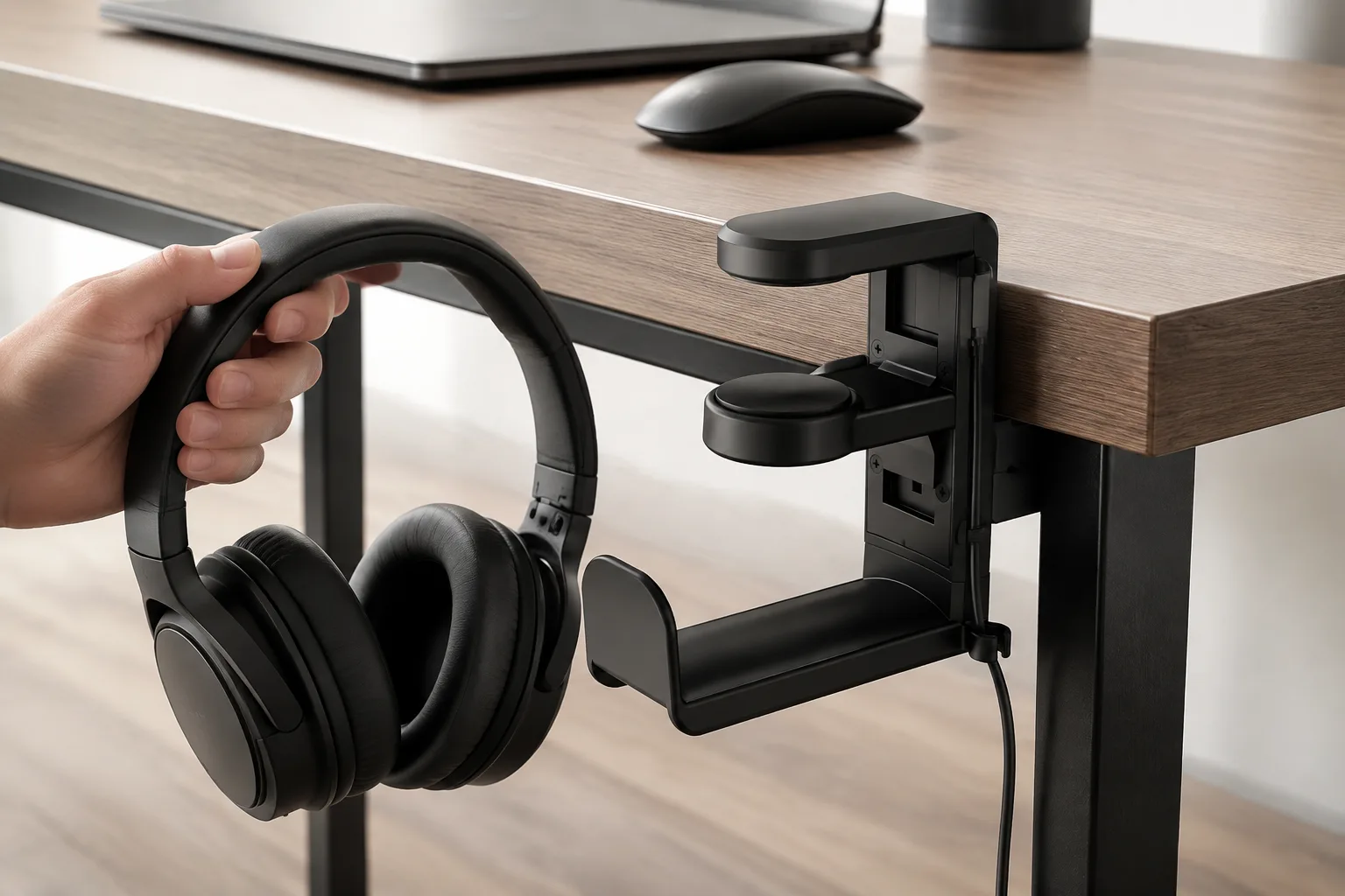Hand lifting unbranded headphones from the swivel hanger