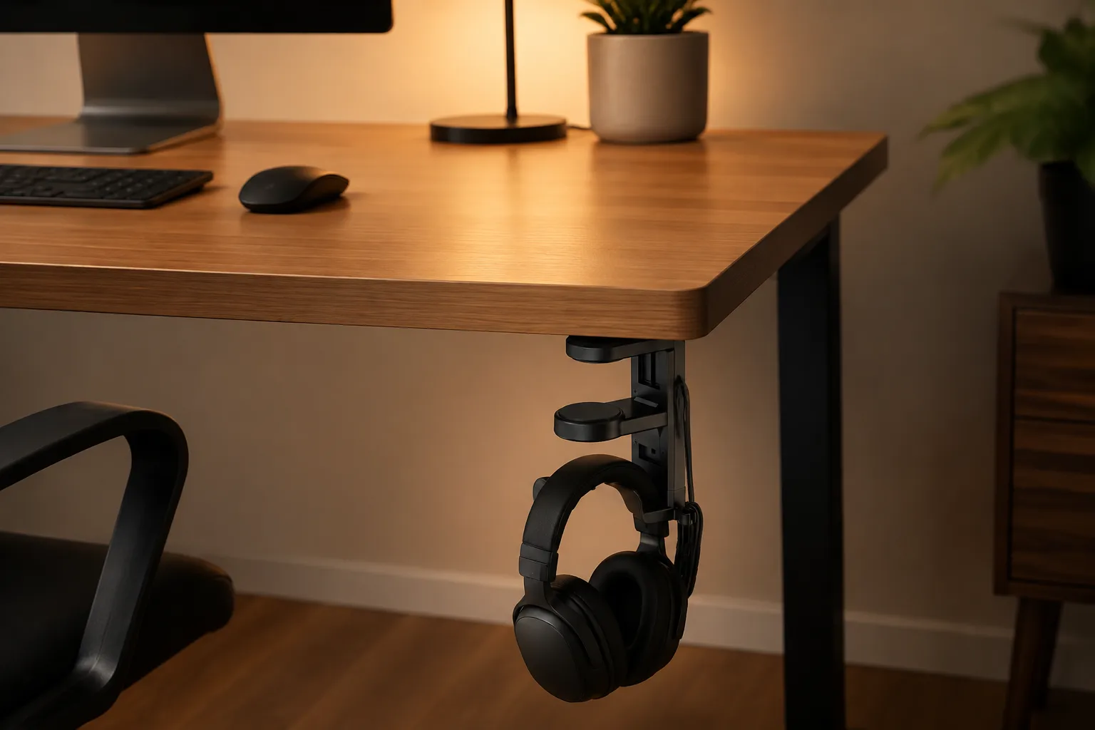 Tidy desk with headphones stored on the clamp-on hanger below