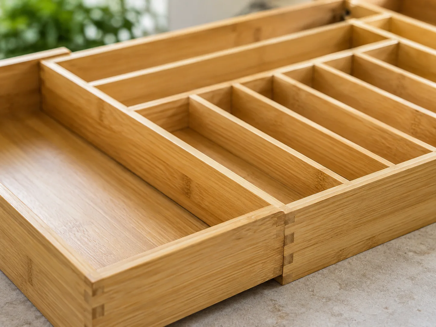 Close-up of bamboo grain and the expandable tray corner