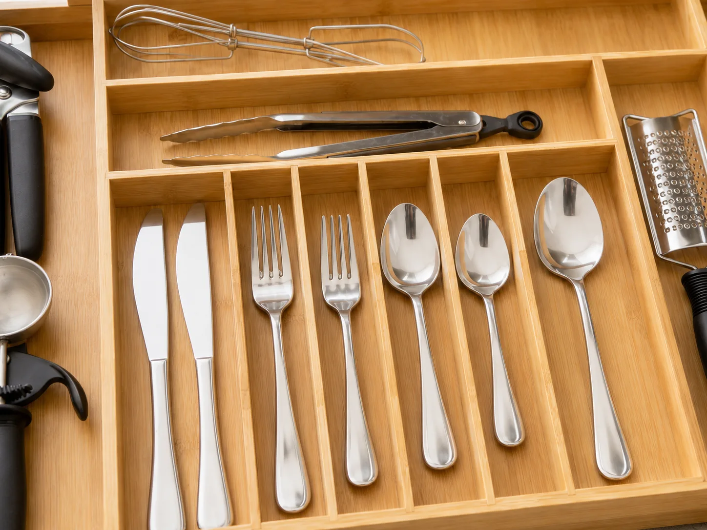 Alternate angle of bamboo drawer tray compartments