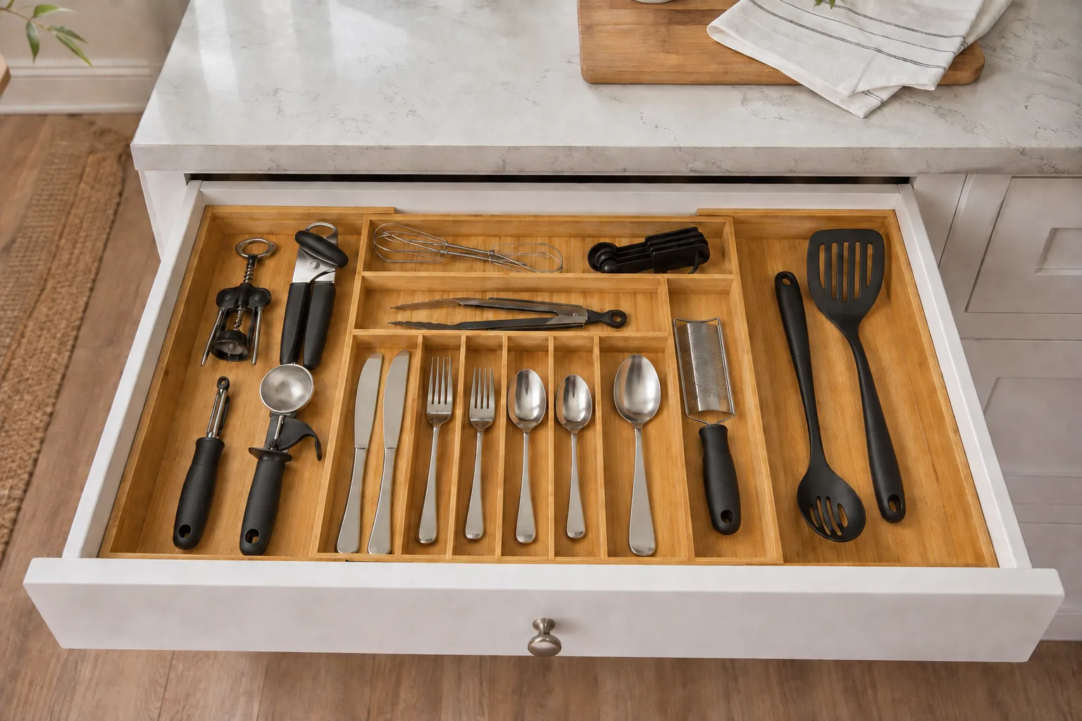 Bamboo tray sorting flatware in an open drawer