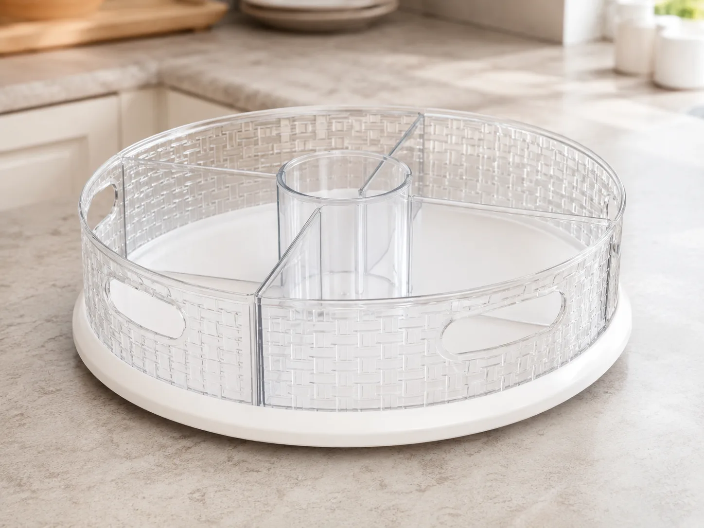 Three-quarter view of the clear bins and white circular base