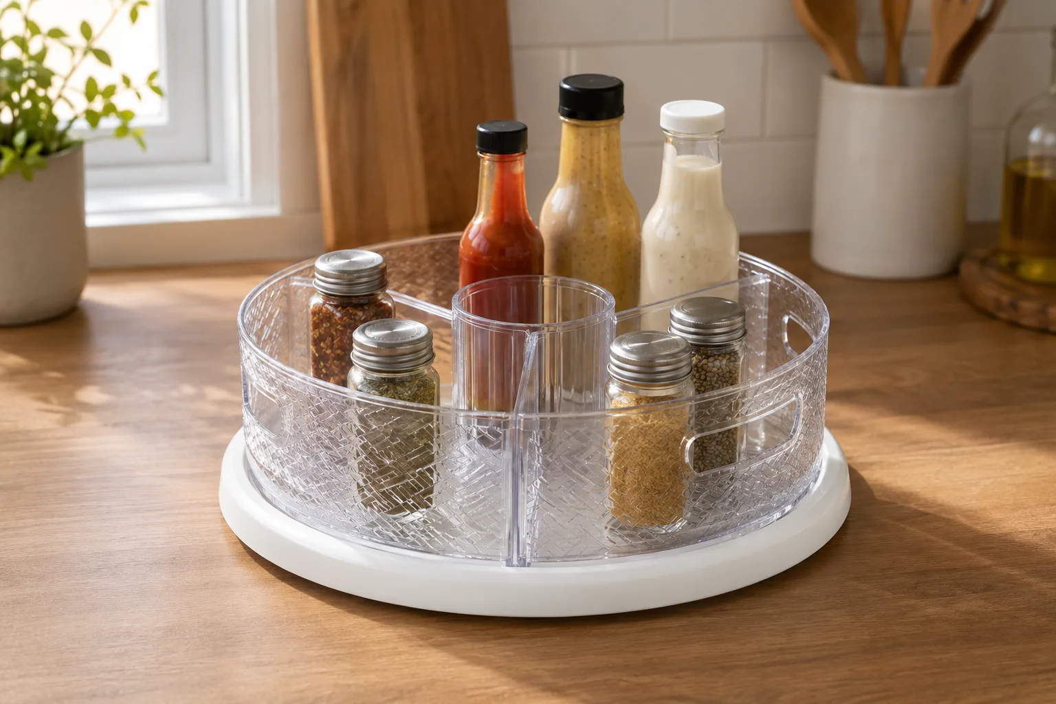 Clear removable-bin turntable on a kitchen counter