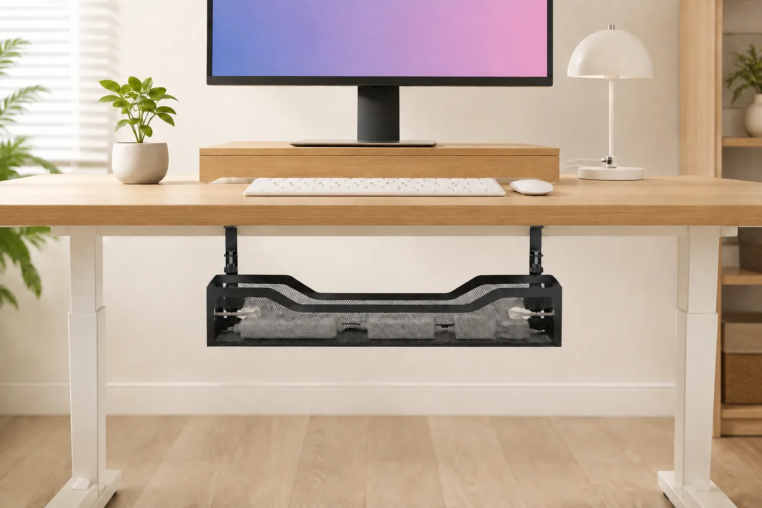 Clean workspace with the cable basket under the desk
