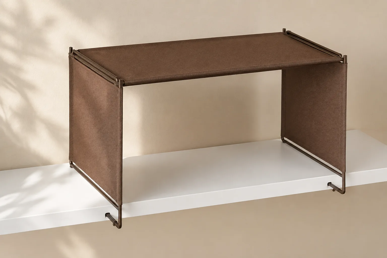 Empty bronze fabric Extra Shelf shown from a full three-quarter angle