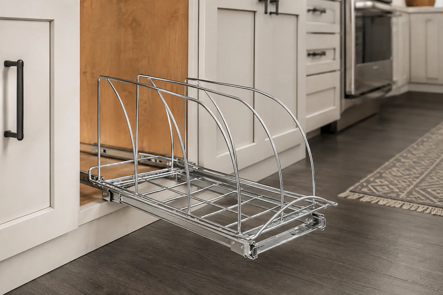 Empty chrome bakeware organizer fully extended