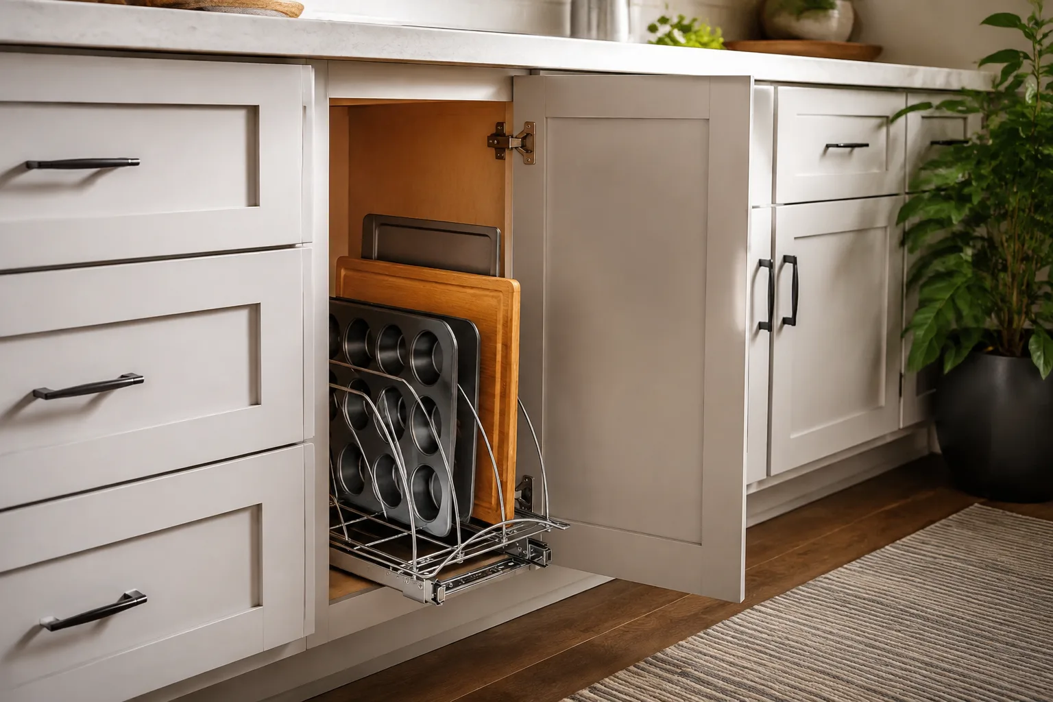 Loaded organizer retracted inside a cabinet