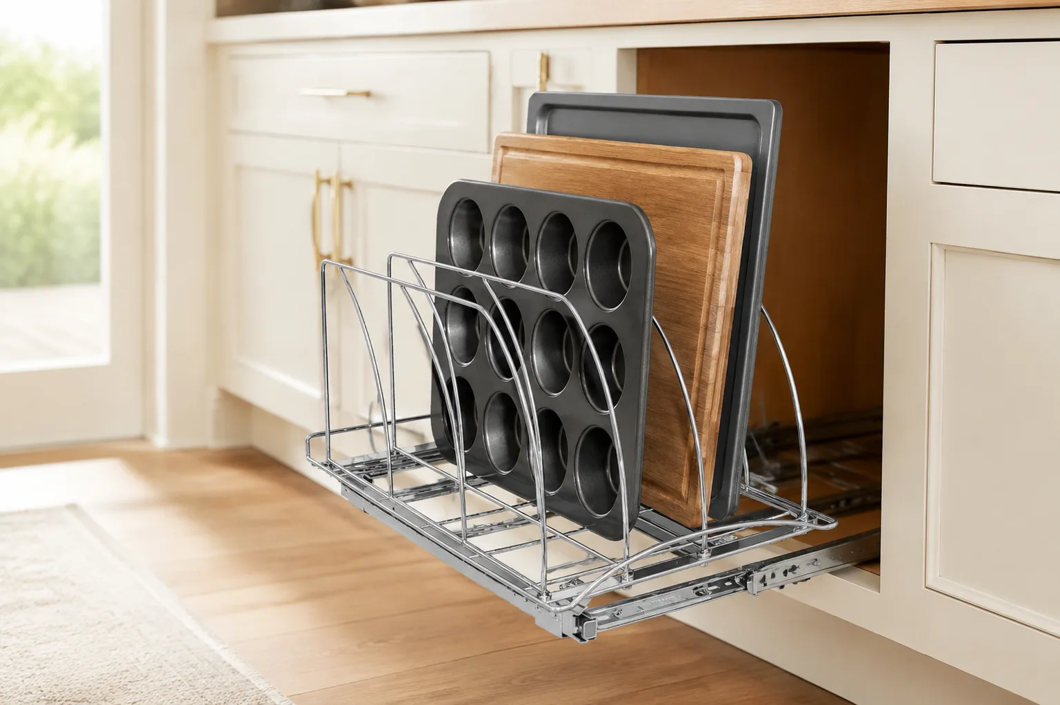 Chrome pull-out cookie sheet organizer fully extended