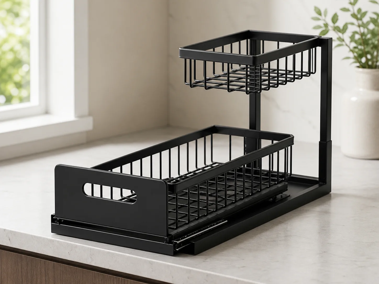 Three-quarter view of the full L-shaped two-tier metal organizer