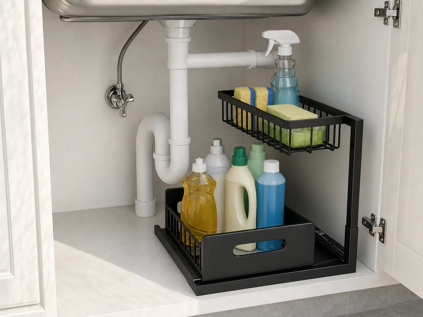 REALINN organizer installed under sink with bottles on shelves around pipes