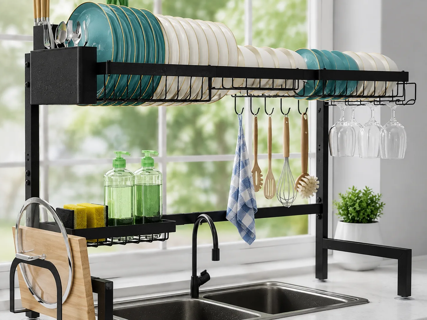 Alternate angle of over-sink dish rack span