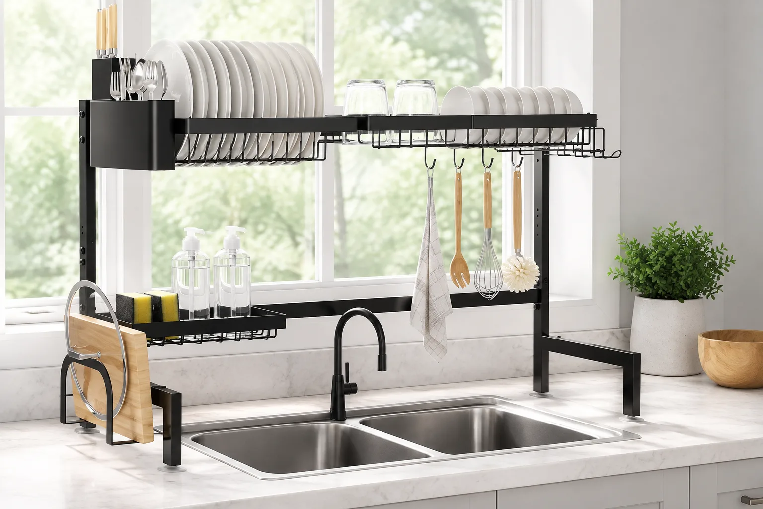 Black dish rack spanning a kitchen sink