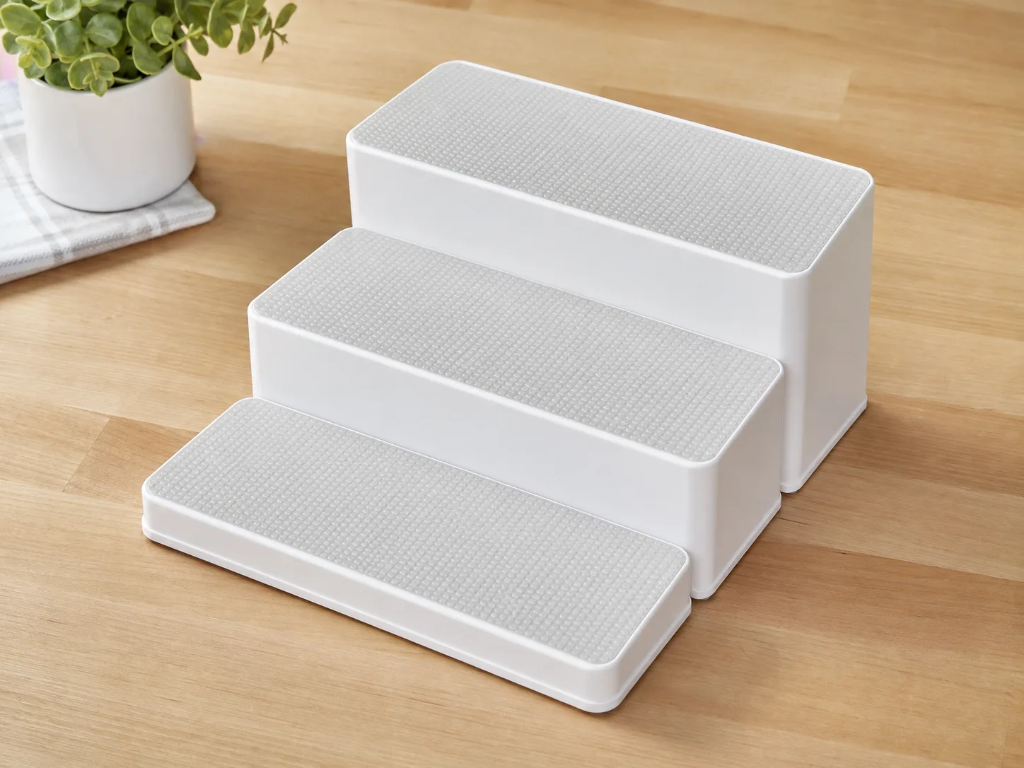 High-angle view of the stepped shelf layout