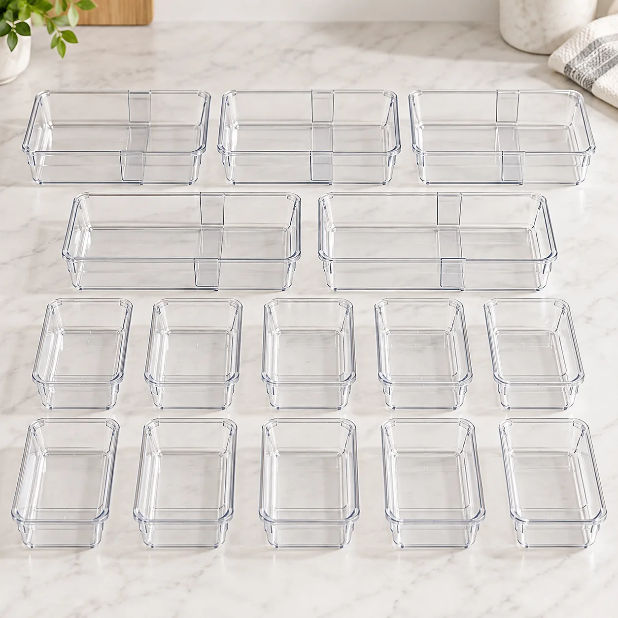 Complete ShinyDew clear adjustable tray set with five large and ten medium trays