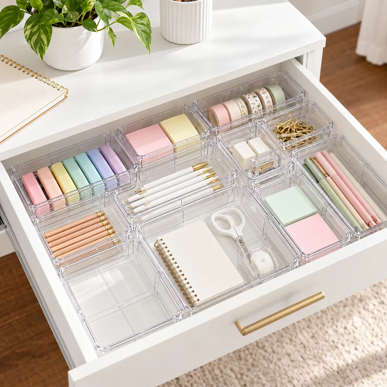 ShinyDew clear adjustable trays organizing a desk drawer