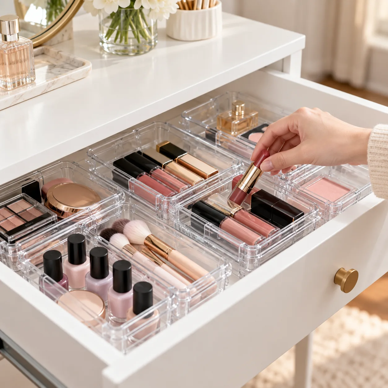 Hand reaching for makeup in a ShinyDew clear adjustable tray
