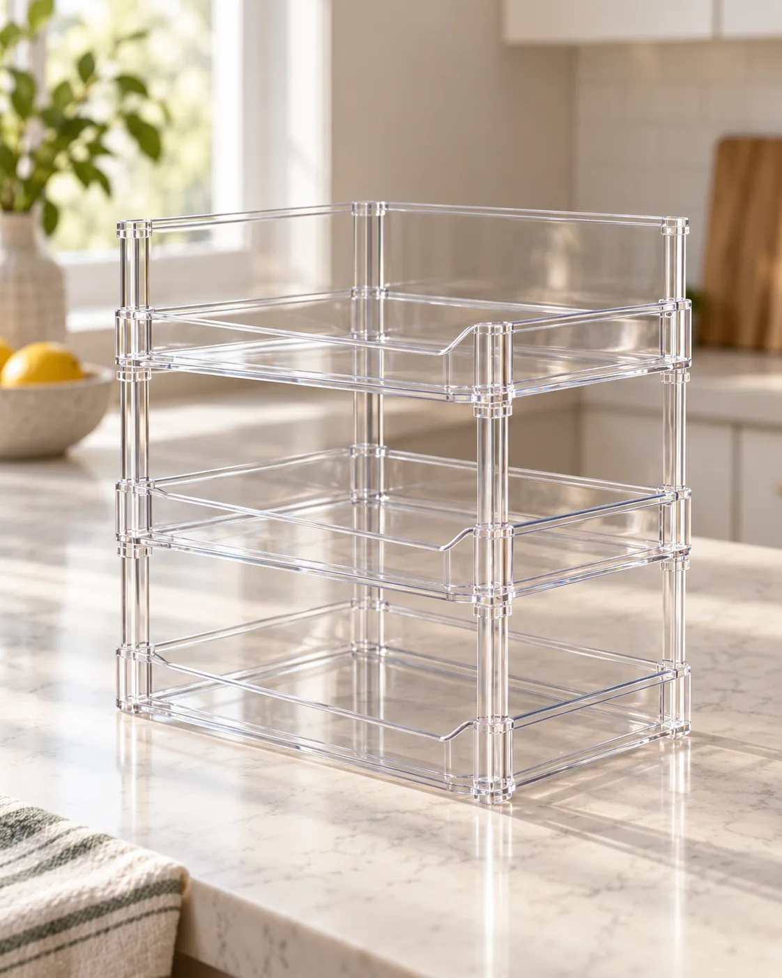 Three-quarter view of empty clear PET 3-tier bottle rack