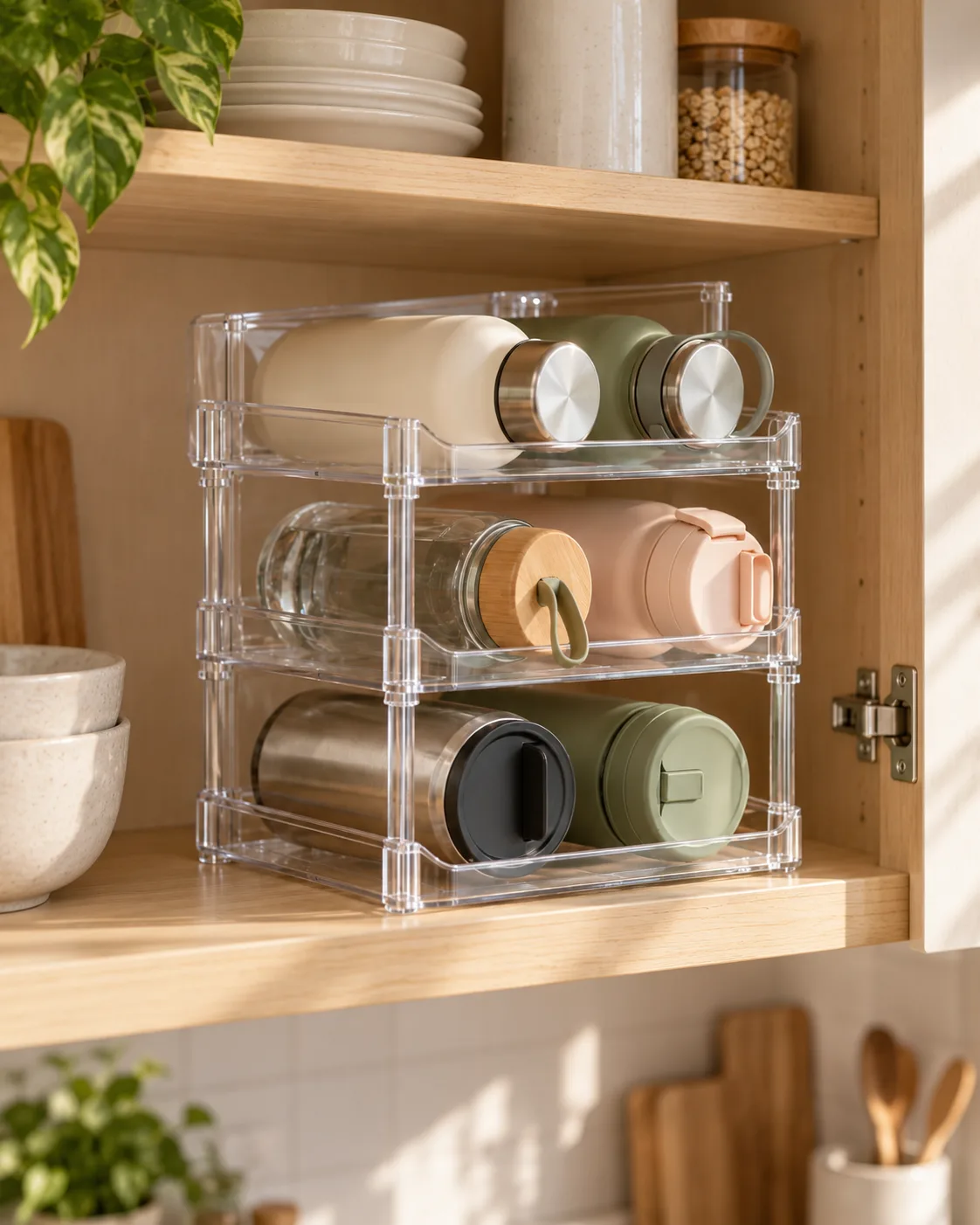 Clear PET 3-tier bottle rack seated in cabinet footprint