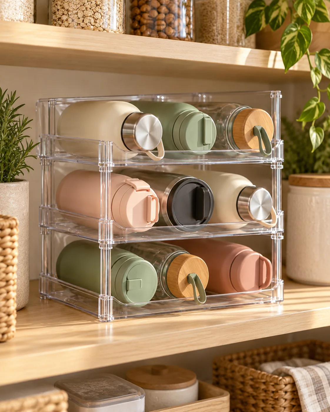 Full 9-bottle tidy stack in clear PET 3-tier kitchen bottle rack