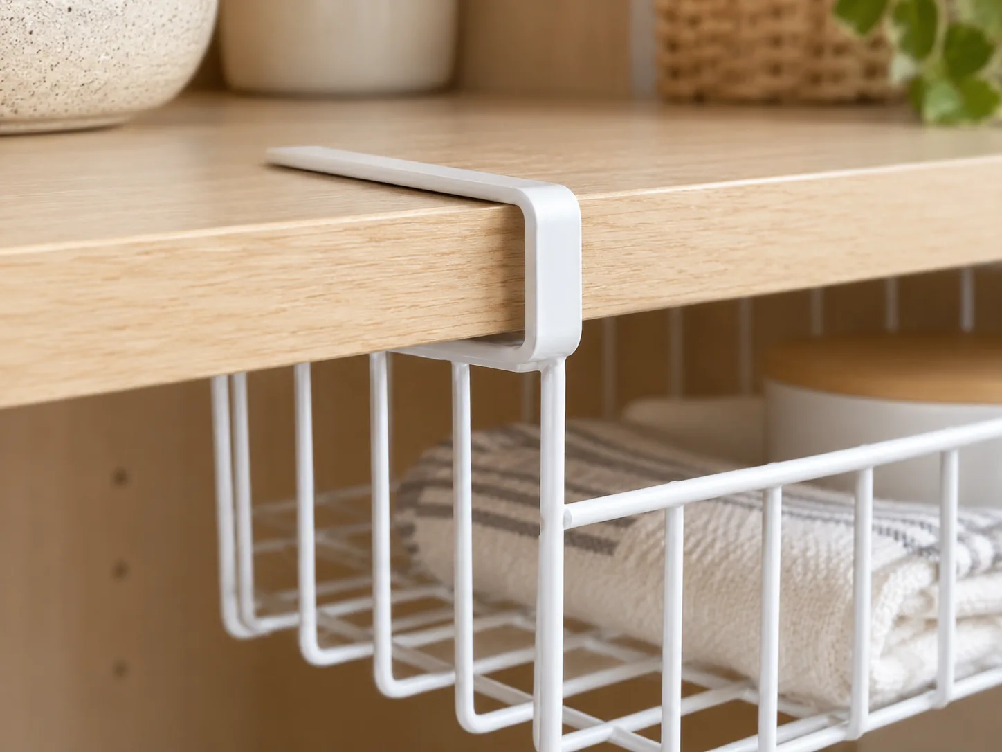 Close-up of white wire under-shelf basket sliding arms on shelf edge