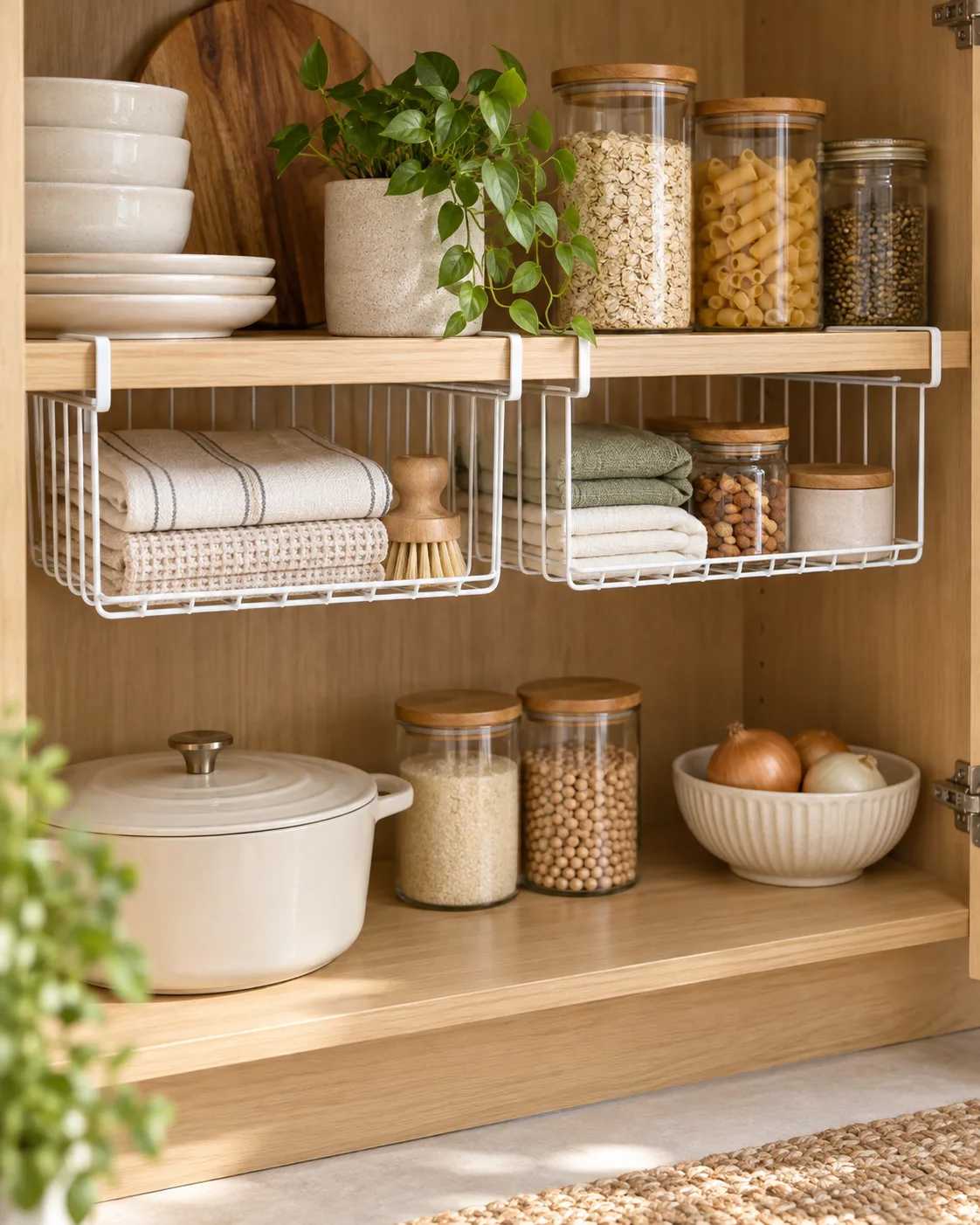 Two white wire under-shelf baskets installed under a thin shelf