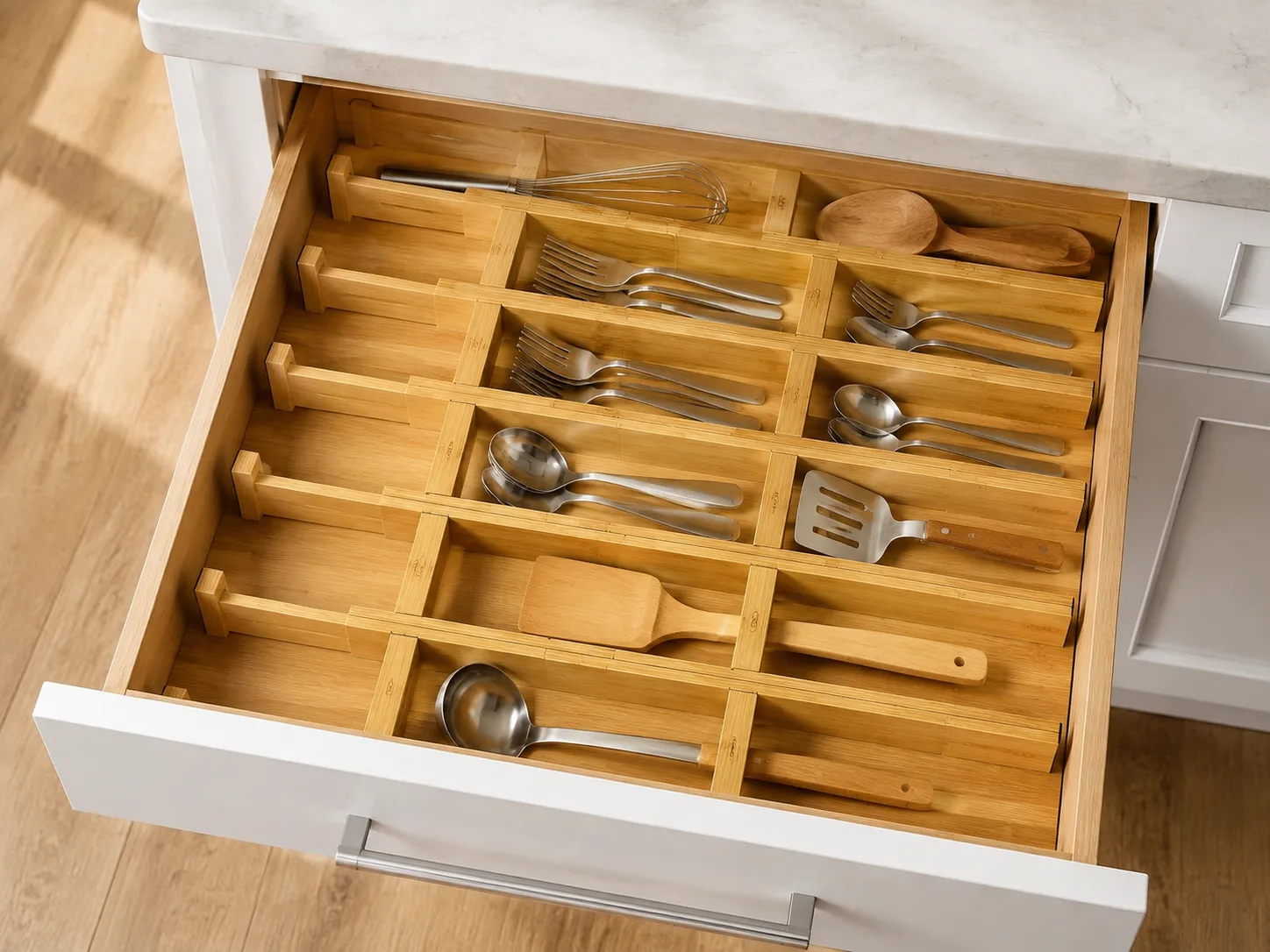 Utensils organized between bamboo dividers