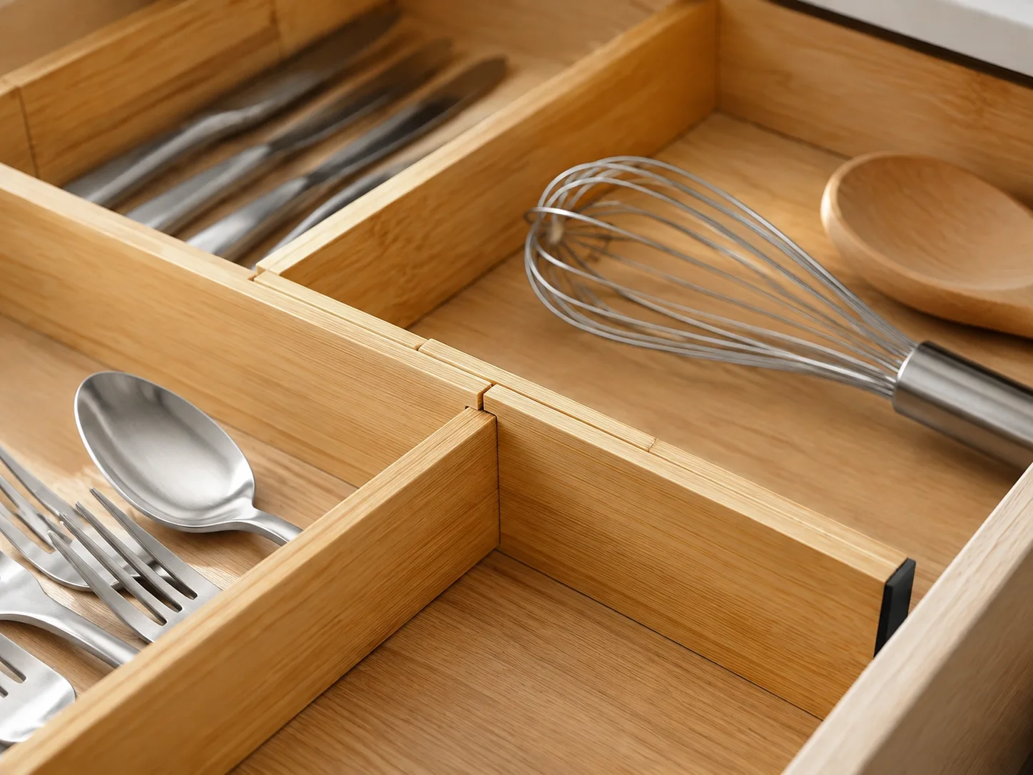 Alternate angle of bamboo drawer dividers in use