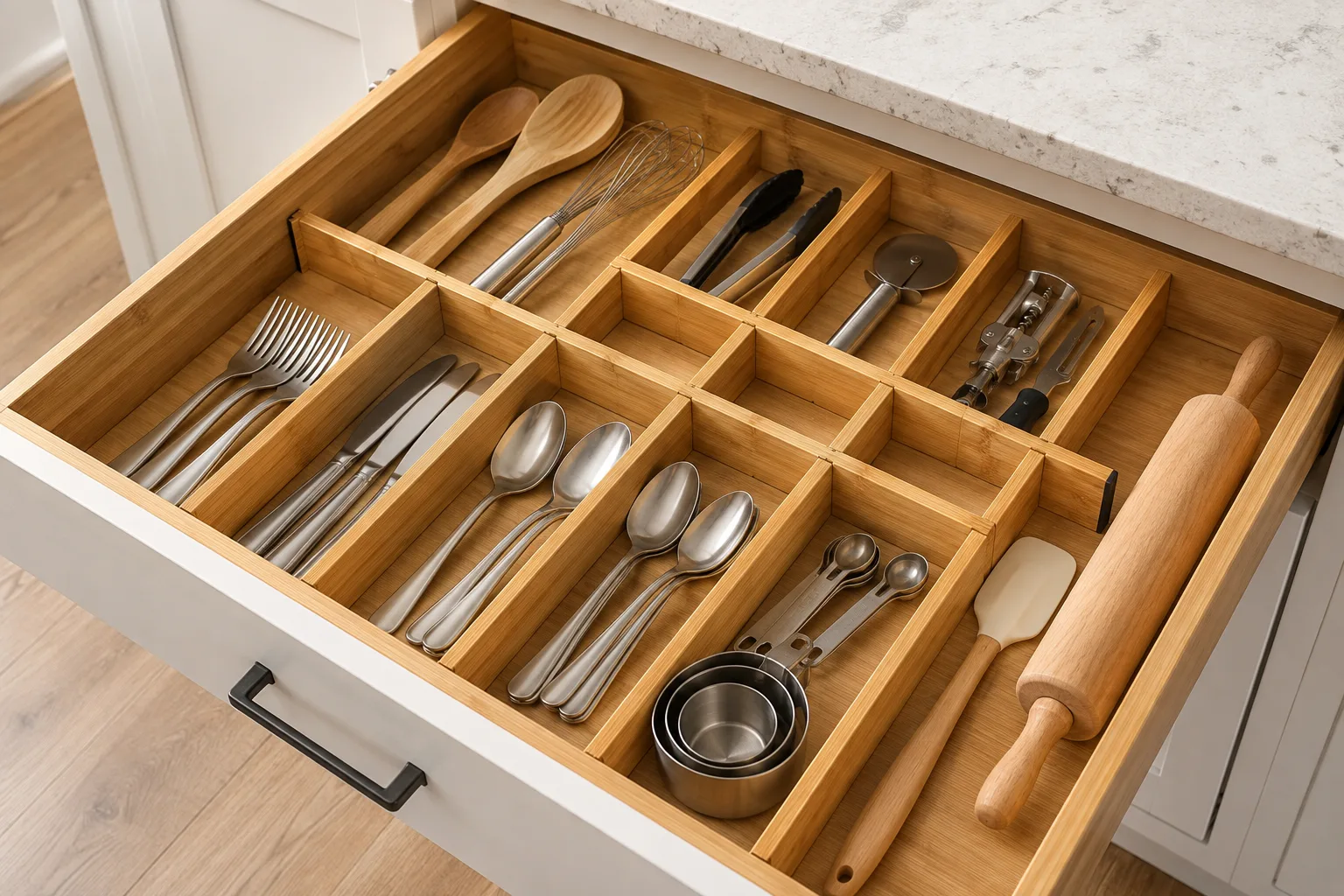 Bamboo dividers separating a kitchen drawer into sections
