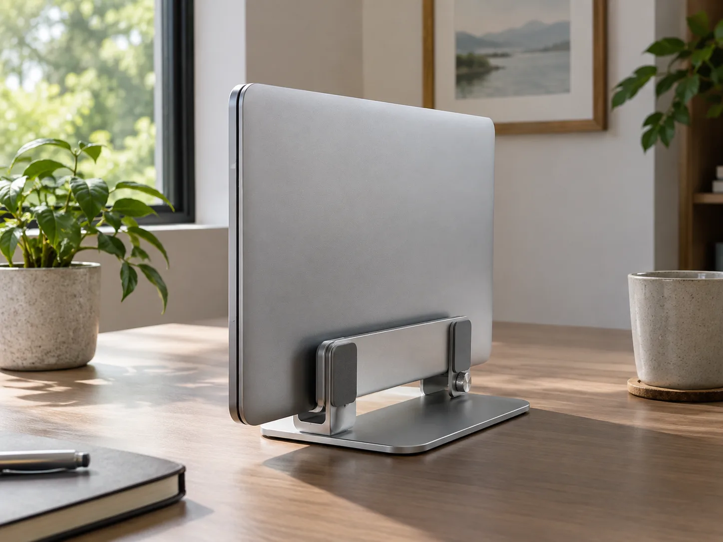 UGREEN vertical laptop dock beside a monitor on a desk