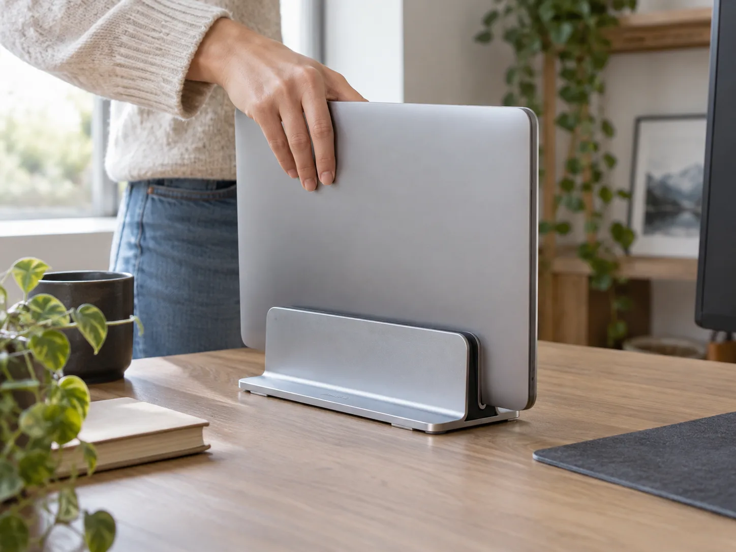 UGREEN vertical dock seating a closed laptop with silicone pads