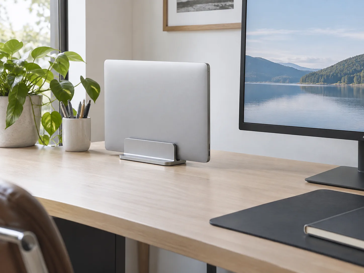 Alternate angle of UGREEN vertical laptop stand on desk