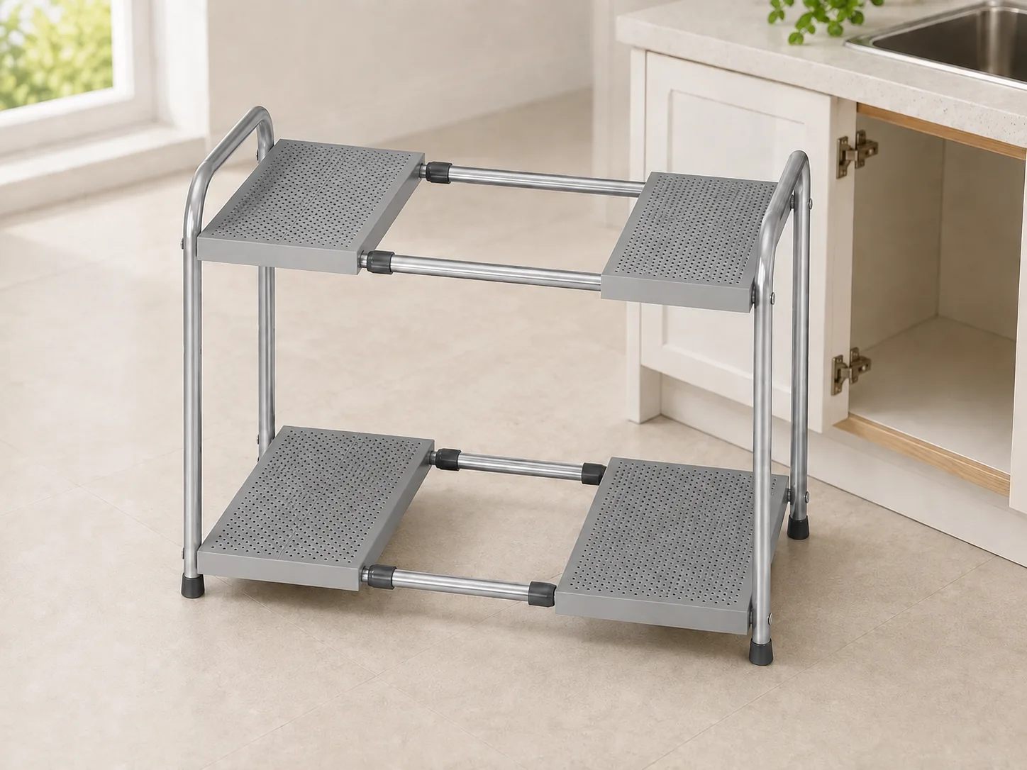 Three-quarter view of the two-tier silver tubular frame