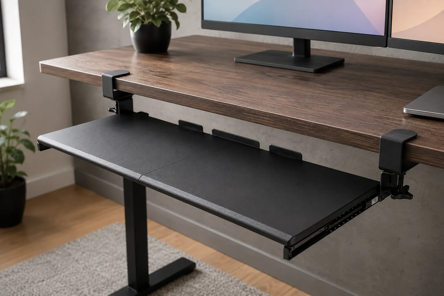 Empty clamp-on keyboard tray fully extended