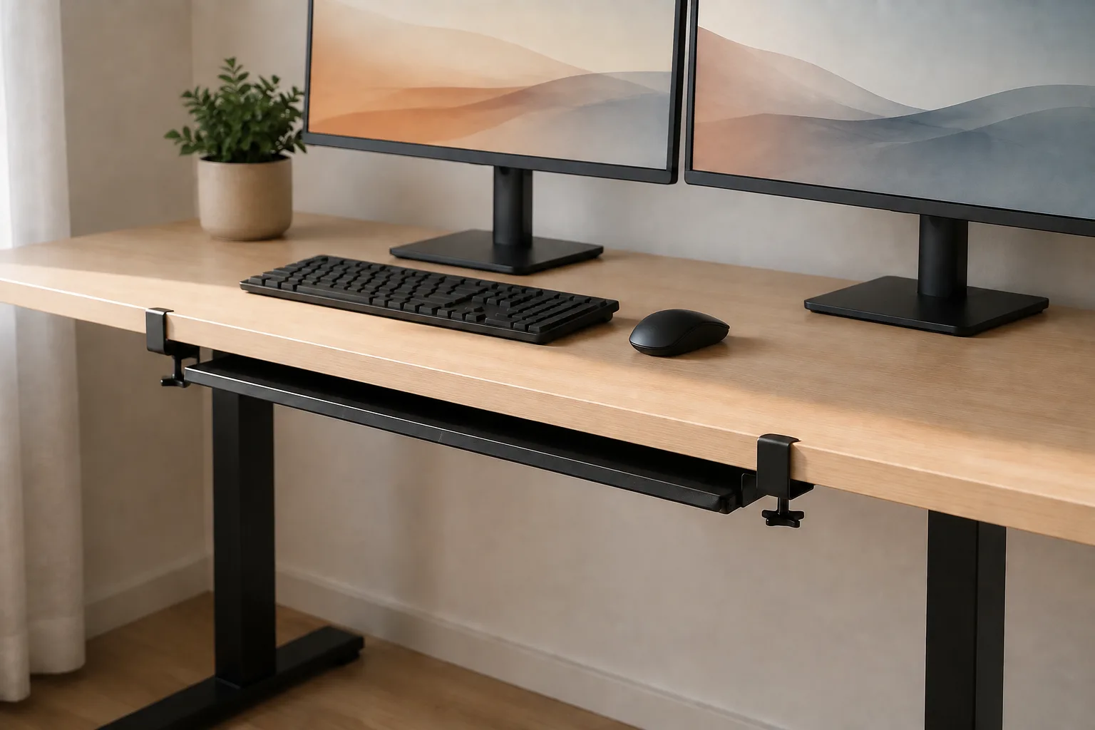 Keyboard tray stowed beneath the desktop