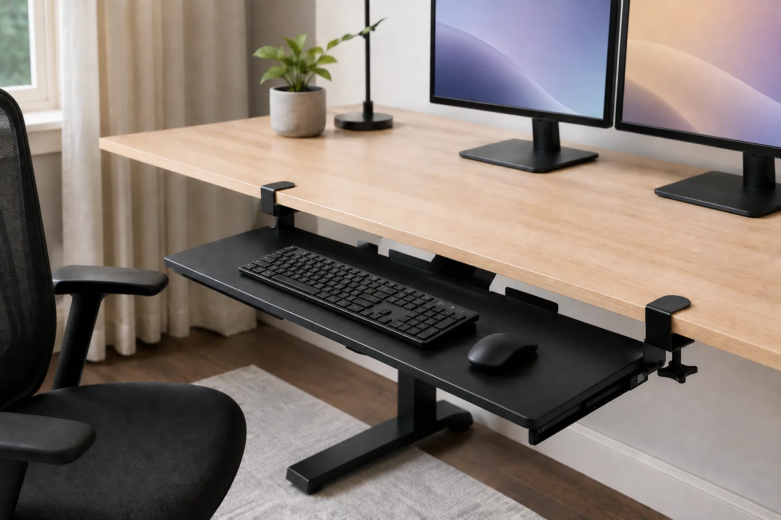 Wide ergonomic workstation with the tray extended