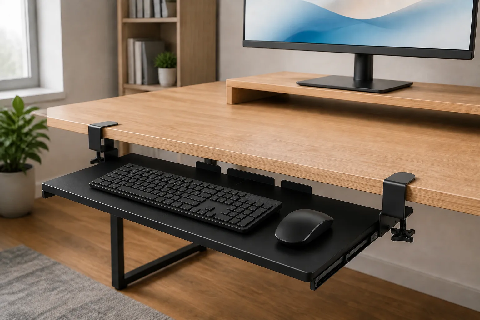 Clamp-on keyboard tray extended under a measured desk edge