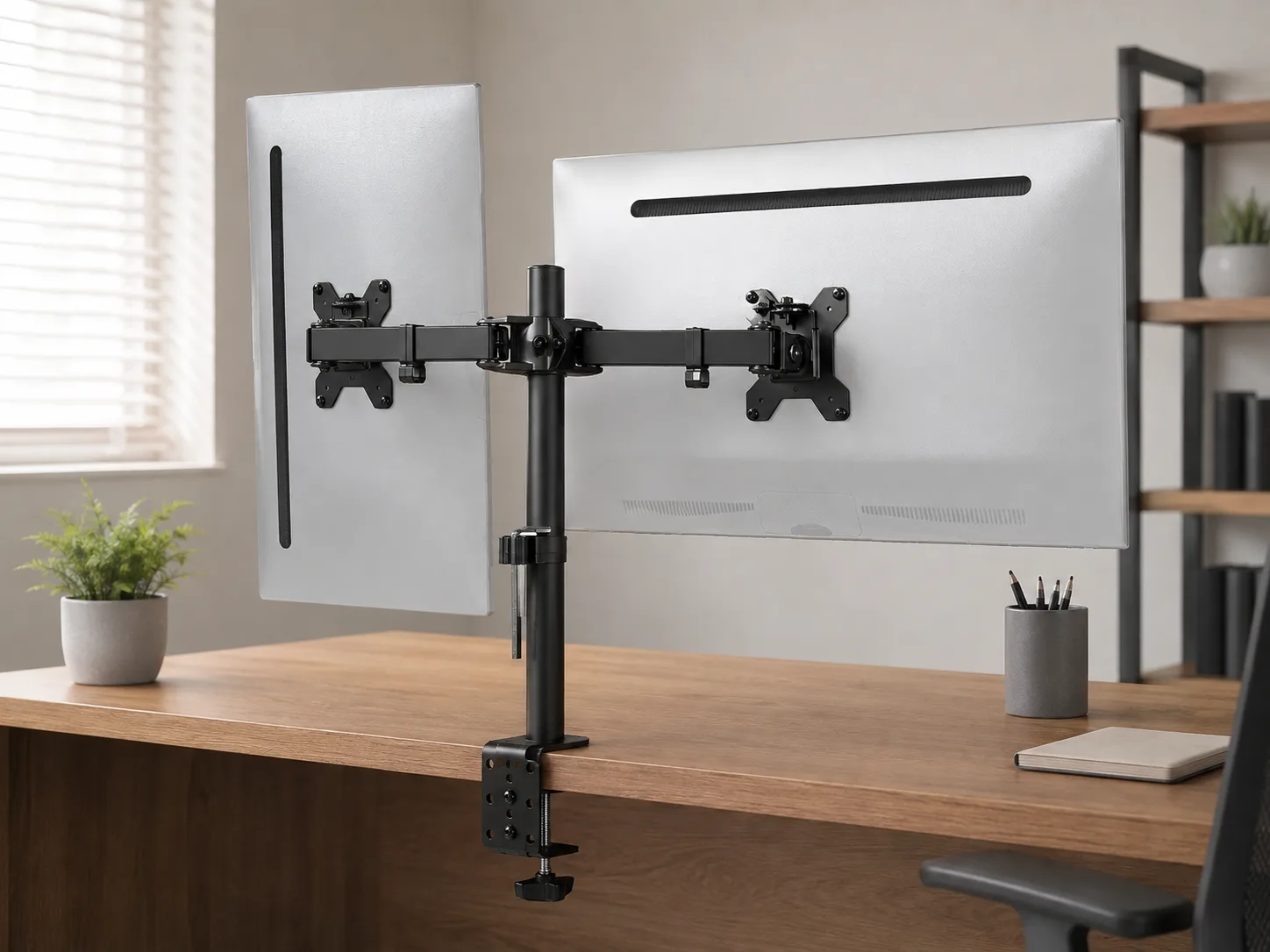 Alternate angle of VIVO dual monitor mount