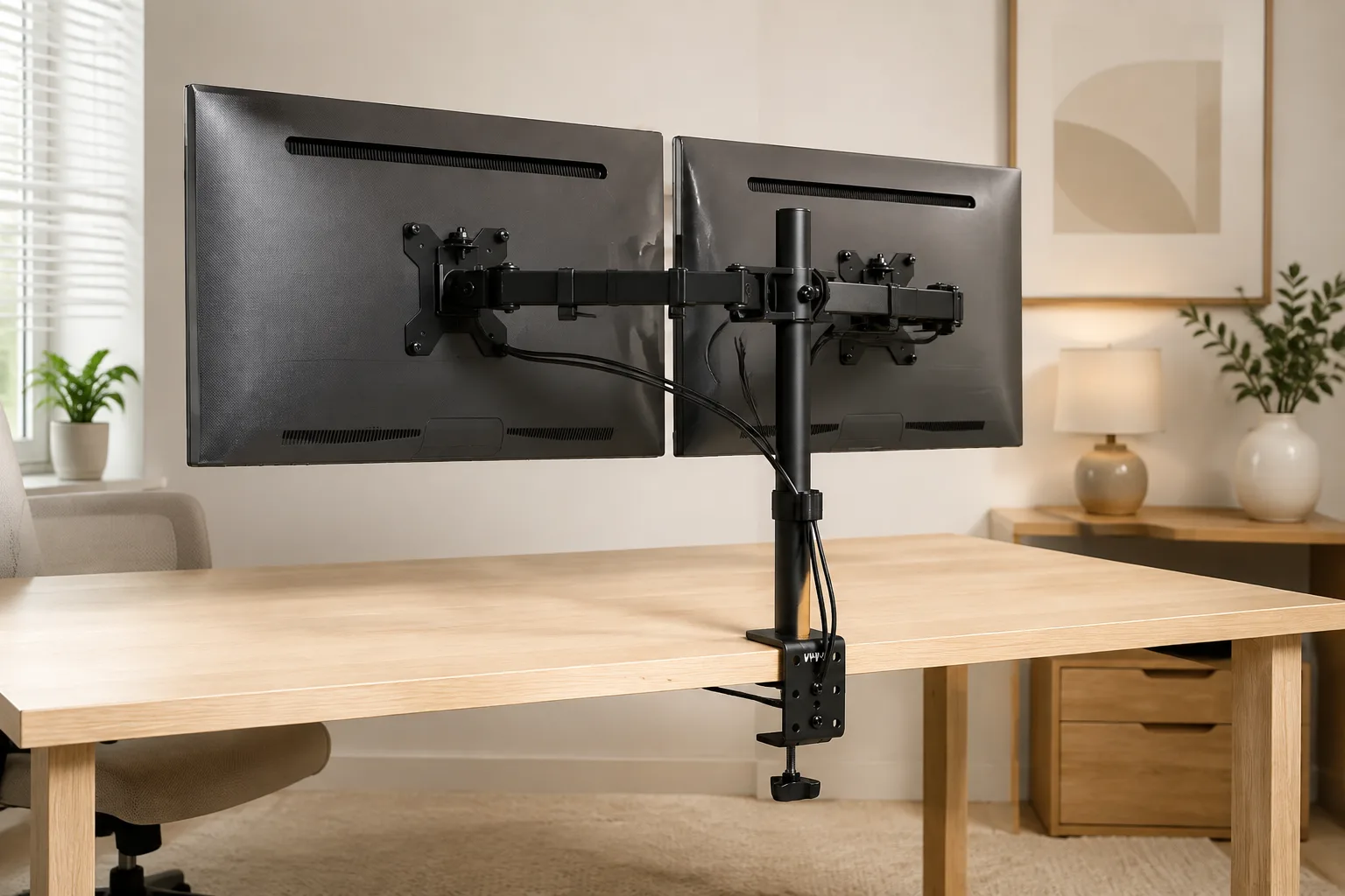 Two monitors mounted on articulated arms and a central pole