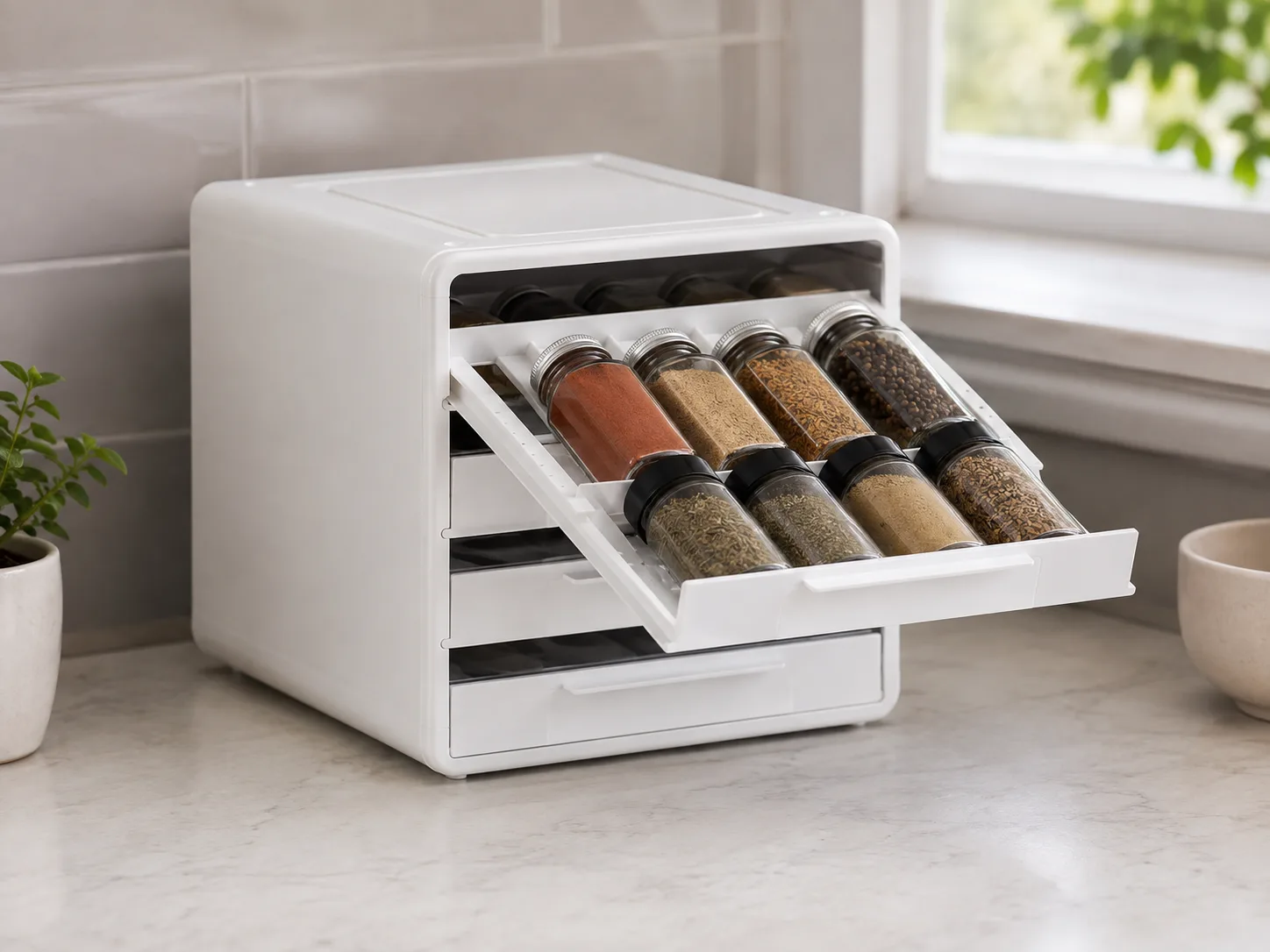 Three-quarter view of the tilted upper spice drawer