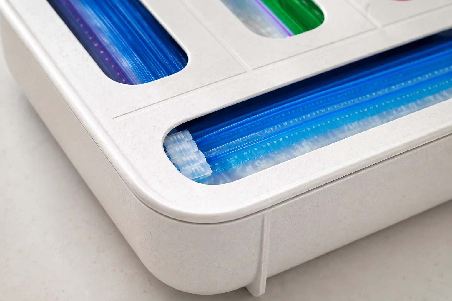 Close-up of the removable lid seam and four dispensing openings