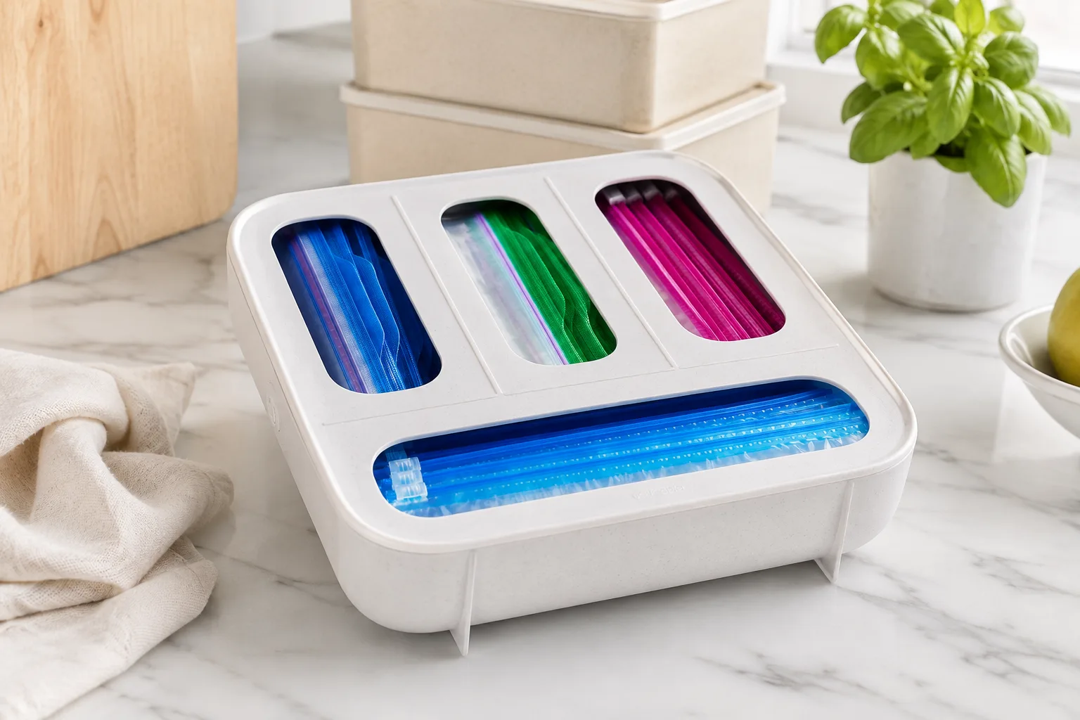 Detail of the white molded plastic and neatly layered food bags