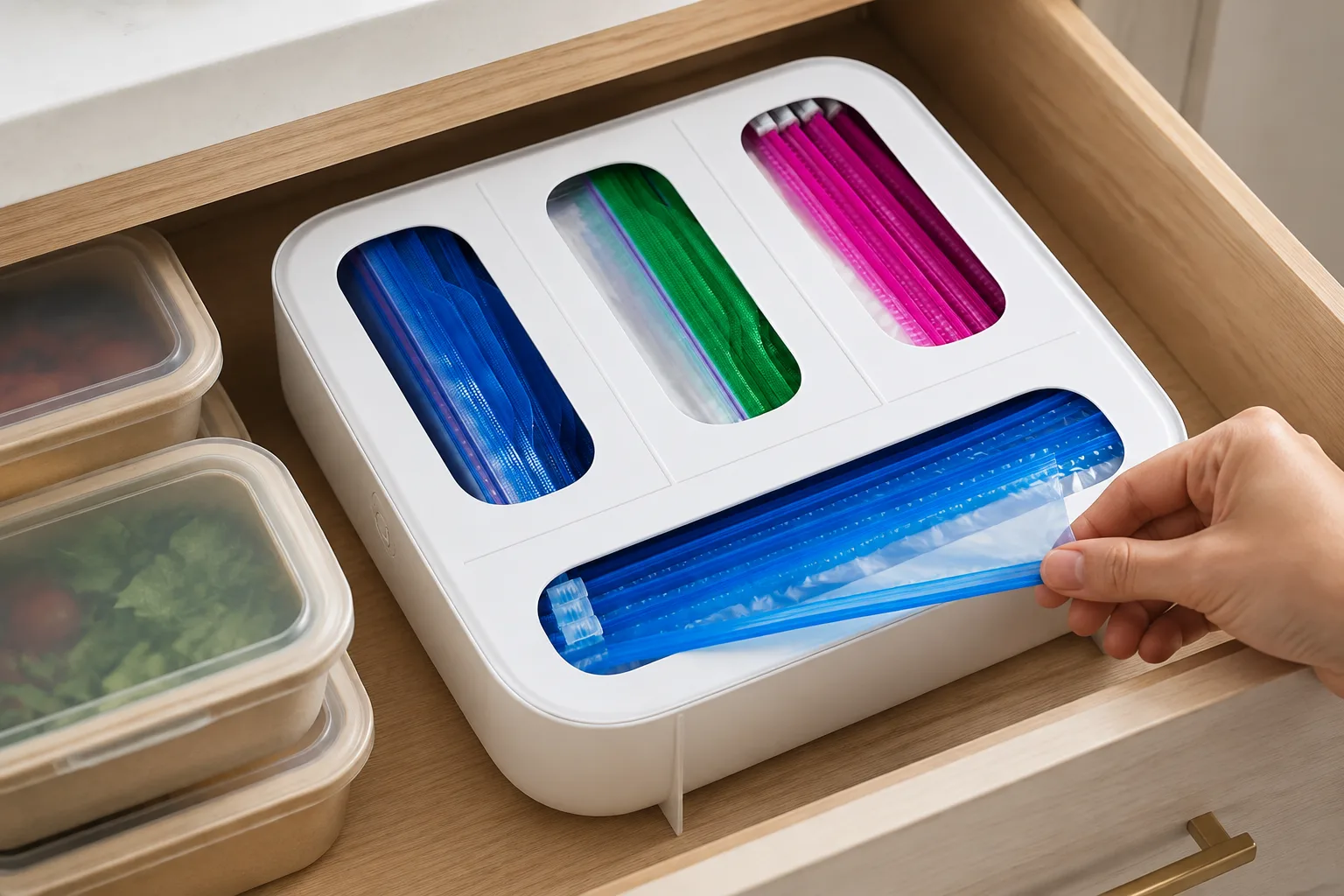 Hand pulling a food storage bag from the wide dispensing slot